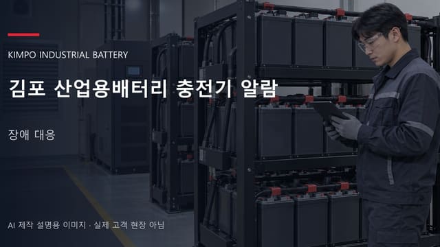 김포 산업용배터리 충전기 알람 안내 표지: 보호안경을 착용하고 배터리 랙 옆에서 점검표를 확인하는 기술자 (AI 제작 설명용 이미지)