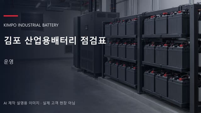 김포 산업용배터리 점검표 안내 표지: 밀폐형 산업용배터리 랙과 충전기, 확보된 유지관리 통로 (AI 제작 설명용 이미지)