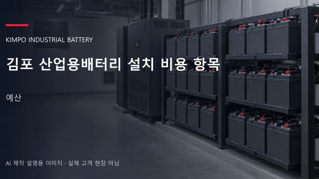 김포 산업용배터리 설치 비용 항목 안내 표지: 밀폐형 산업용배터리 랙과 충전기, 확보된 유지관리 통로 (AI 제작 설명용 이미지)