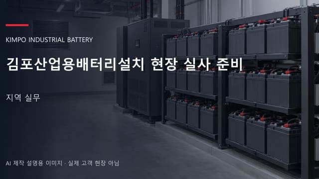 김포산업용배터리설치 현장 실사 준비 안내 표지: 밀폐형 산업용배터리 랙과 충전기, 확보된 유지관리 통로 (AI 제작 설명용 이미지)
