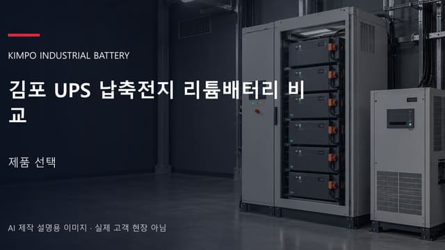 김포 UPS 납축전지 리튬배터리 비교 안내 표지: 밀폐형 산업용배터리 랙과 충전기, 확보된 유지관리 통로 (AI 제작 설명용 이미지)