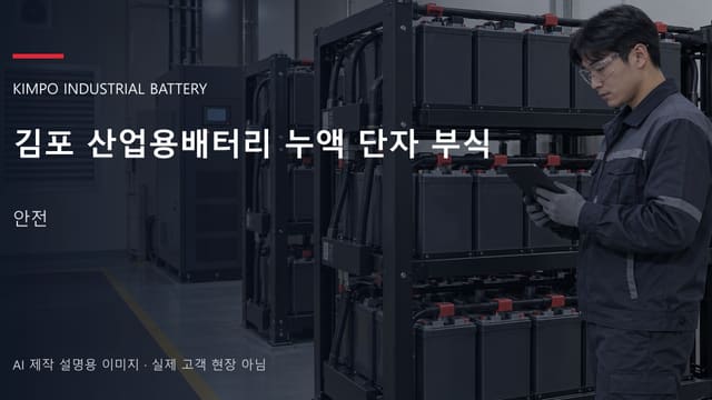 김포 산업용배터리 누액 단자 부식 안내 표지: 접근 통제선이 쳐진 배터리실 앞에서 상태를 기록하는 담당자 (AI 제작 설명용 이미지)