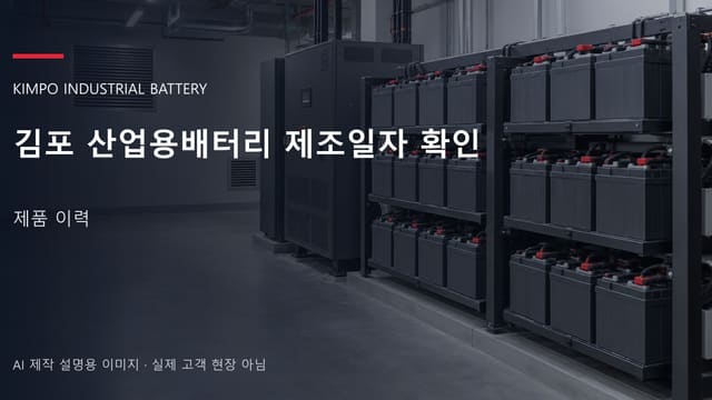 김포 산업용배터리 제조일자 확인 안내 표지: 밀폐형 산업용배터리 랙과 충전기, 확보된 유지관리 통로 (AI 제작 설명용 이미지)