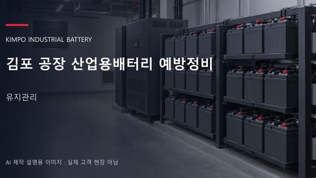김포 공장 산업용배터리 예방정비 안내 표지: 밀폐형 산업용배터리 랙과 충전기, 확보된 유지관리 통로 (AI 제작 설명용 이미지)