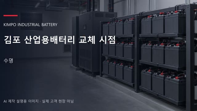 김포 산업용배터리 교체 시점 안내 표지: 밀폐형 산업용배터리 랙과 충전기, 확보된 유지관리 통로 (AI 제작 설명용 이미지)