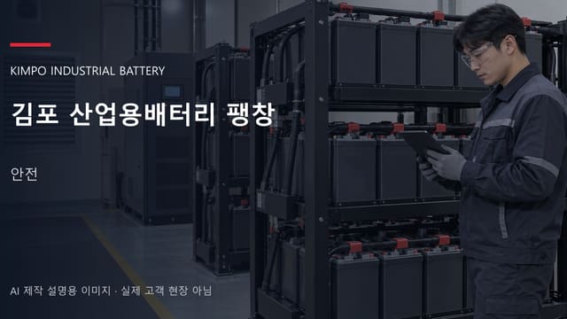 김포 산업용배터리 팽창 안내 표지: 접근 통제선이 쳐진 배터리실 앞에서 상태를 기록하는 담당자 (AI 제작 설명용 이미지)