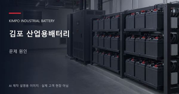 김포 산업용배터리 문제 원인 안내 표지: 밀폐형 산업용배터리 랙과 충전기, 확보된 유지관리 통로 (AI 제작 설명용 이미지)