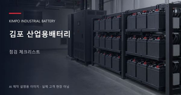 김포 산업용배터리 점검 체크리스트 안내 표지: 밀폐형 산업용배터리 랙과 충전기, 확보된 유지관리 통로 (AI 제작 설명용 이미지)