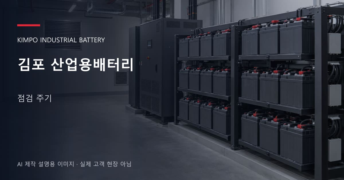 김포 산업용배터리 점검 주기 안내 표지: 밀폐형 산업용배터리 랙과 충전기, 확보된 유지관리 통로 (AI 제작 설명용 이미지)