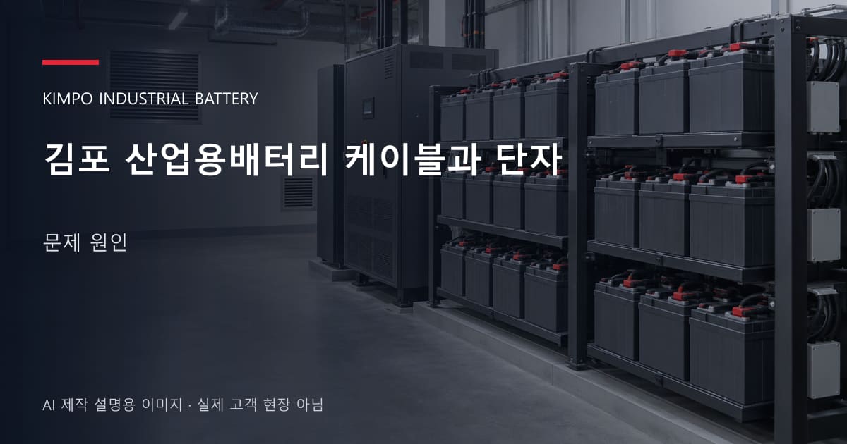 김포 산업용배터리 케이블과 단자 문제 원인 안내 표지: 밀폐형 산업용배터리 랙과 충전기, 확보된 유지관리 통로 (AI 제작 설명용 이미지)