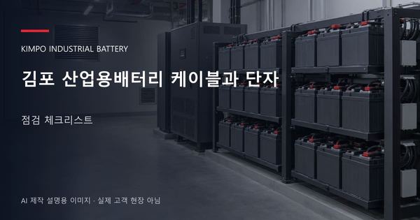 김포 산업용배터리 케이블과 단자 점검 체크리스트 안내 표지: 밀폐형 산업용배터리 랙과 충전기, 확보된 유지관리 통로 (AI 제작 설명용 이미지)