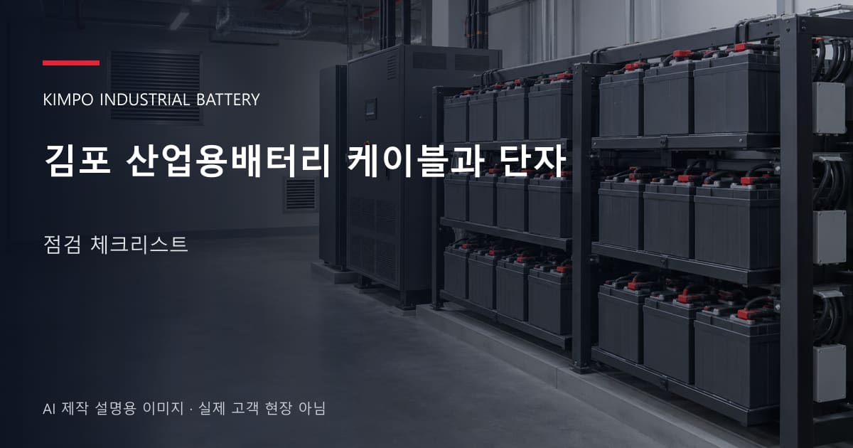 김포 산업용배터리 케이블과 단자 점검 체크리스트 안내 표지: 밀폐형 산업용배터리 랙과 충전기, 확보된 유지관리 통로 (AI 제작 설명용 이미지)