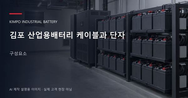 김포 산업용배터리 케이블과 단자 구성요소 안내 표지: 밀폐형 산업용배터리 랙과 충전기, 확보된 유지관리 통로 (AI 제작 설명용 이미지)