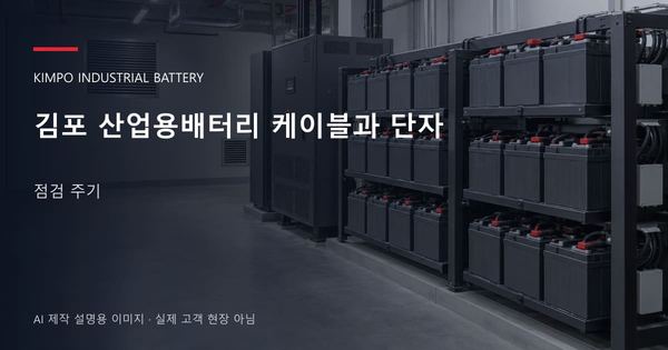 김포 산업용배터리 케이블과 단자 점검 주기 안내 표지: 밀폐형 산업용배터리 랙과 충전기, 확보된 유지관리 통로 (AI 제작 설명용 이미지)