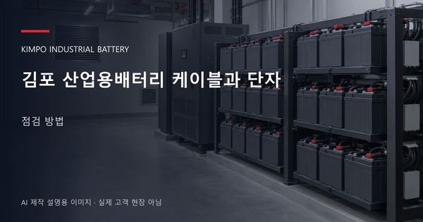 김포 산업용배터리 케이블과 단자 점검 방법 안내 표지: 밀폐형 산업용배터리 랙과 충전기, 확보된 유지관리 통로 (AI 제작 설명용 이미지)