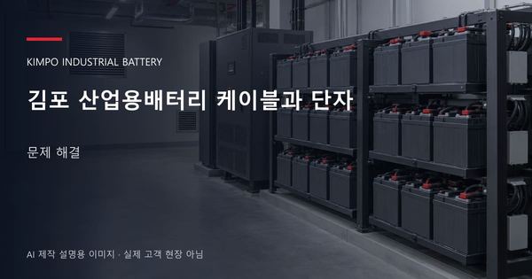 김포 산업용배터리 케이블과 단자 문제 해결 안내 표지: 밀폐형 산업용배터리 랙과 충전기, 확보된 유지관리 통로 (AI 제작 설명용 이미지)