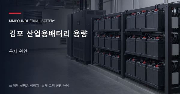 김포 산업용배터리 용량 문제 원인 안내 표지: 밀폐형 산업용배터리 랙과 충전기, 확보된 유지관리 통로 (AI 제작 설명용 이미지)