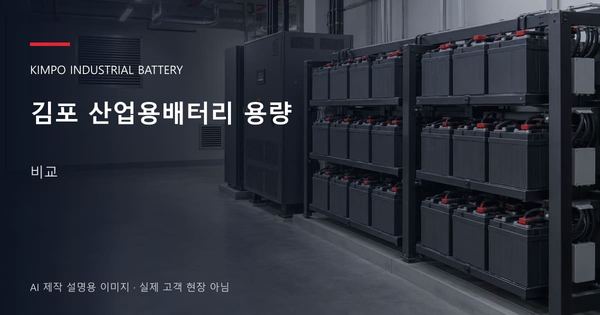 김포 산업용배터리 용량 비교 안내 표지: 밀폐형 산업용배터리 랙과 충전기, 확보된 유지관리 통로 (AI 제작 설명용 이미지)