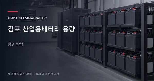 김포 산업용배터리 용량 점검 방법 안내 표지: 밀폐형 산업용배터리 랙과 충전기, 확보된 유지관리 통로 (AI 제작 설명용 이미지)