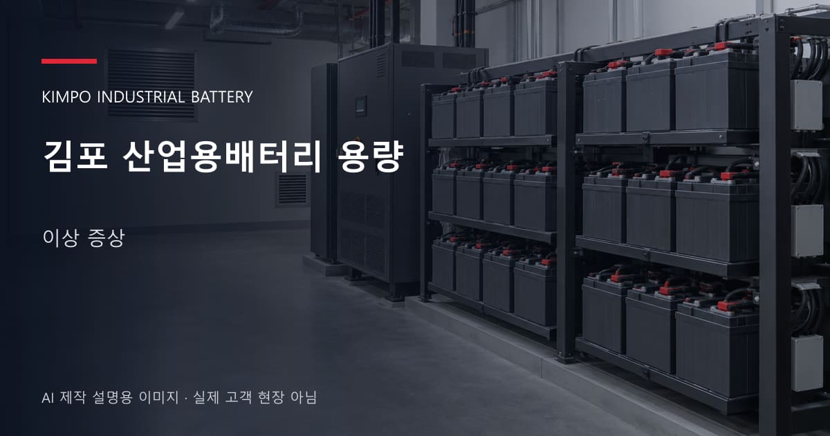 김포 산업용배터리 용량 이상 증상 안내 표지: 밀폐형 산업용배터리 랙과 충전기, 확보된 유지관리 통로 (AI 제작 설명용 이미지)