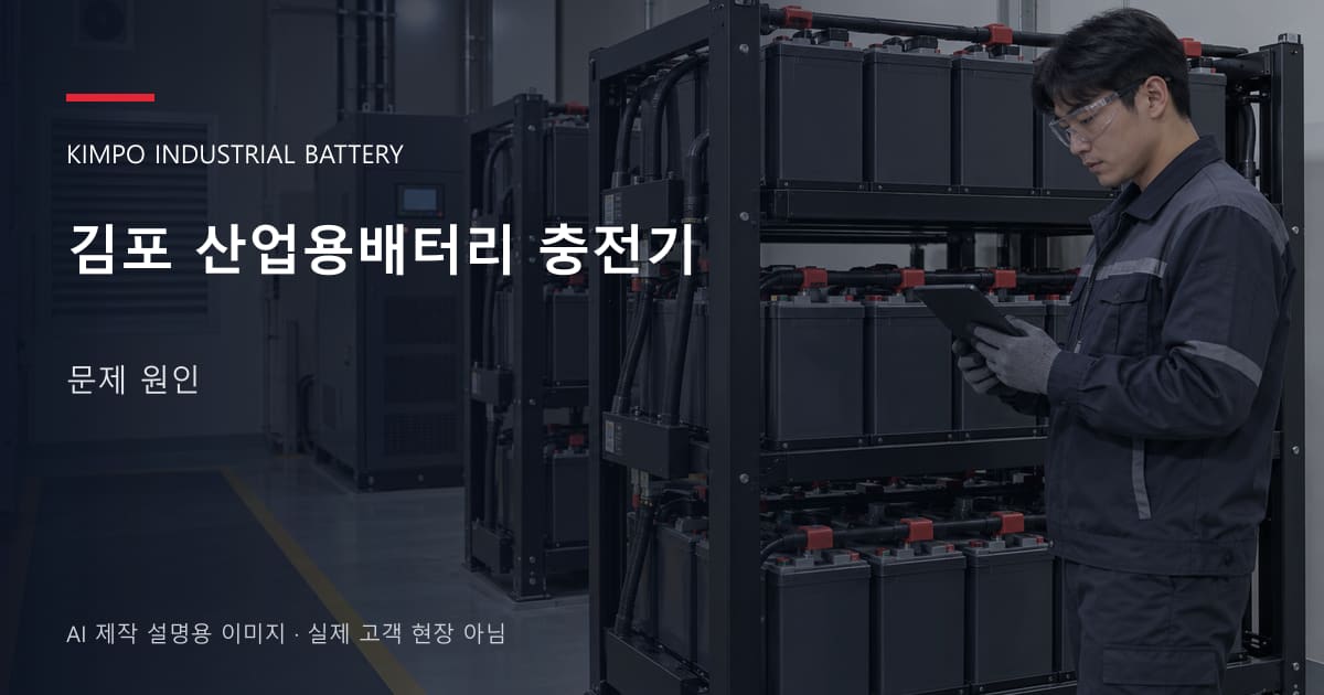 김포 산업용배터리 충전기 문제 원인 안내 표지: 보호안경을 착용하고 배터리 랙 옆에서 점검표를 확인하는 기술자 (AI 제작 설명용 이미지)