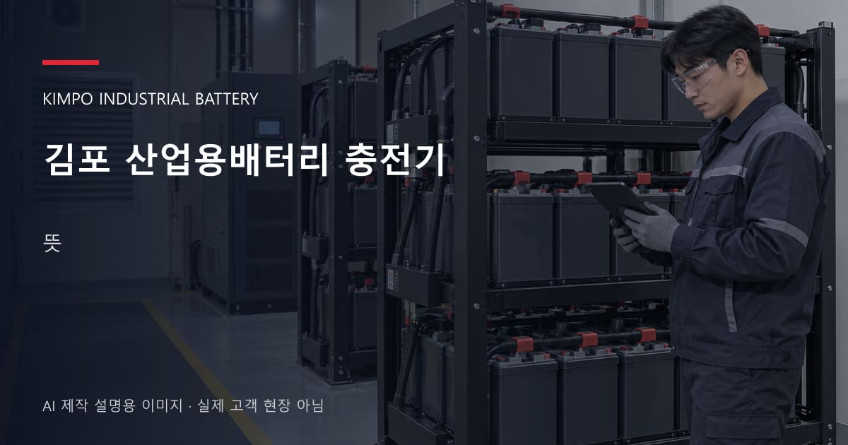 김포 산업용배터리 충전기 뜻 안내 표지: 보호안경을 착용하고 배터리 랙 옆에서 점검표를 확인하는 기술자 (AI 제작 설명용 이미지)