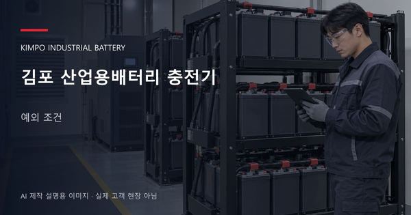 김포 산업용배터리 충전기 예외 조건 안내 표지: 보호안경을 착용하고 배터리 랙 옆에서 점검표를 확인하는 기술자 (AI 제작 설명용 이미지)