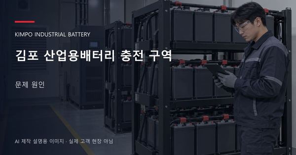 김포 산업용배터리 충전 구역 문제 원인 안내 표지: 보호안경을 착용하고 배터리 랙 옆에서 점검표를 확인하는 기술자 (AI 제작 설명용 이미지)