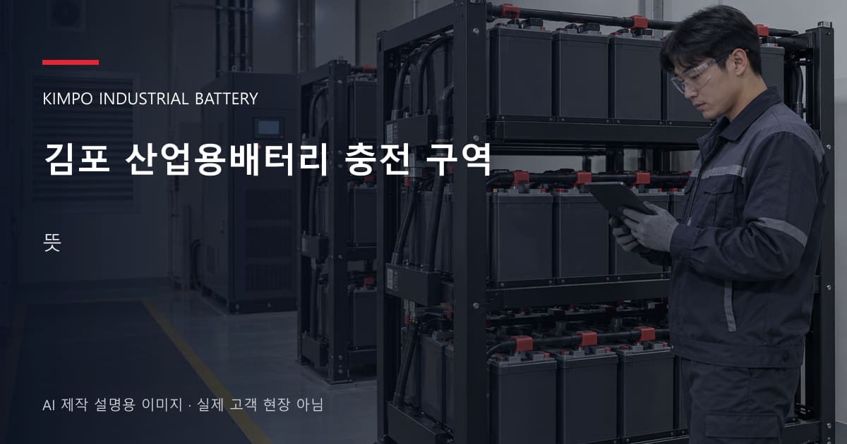 김포 산업용배터리 충전 구역 뜻 안내 표지: 보호안경을 착용하고 배터리 랙 옆에서 점검표를 확인하는 기술자 (AI 제작 설명용 이미지)