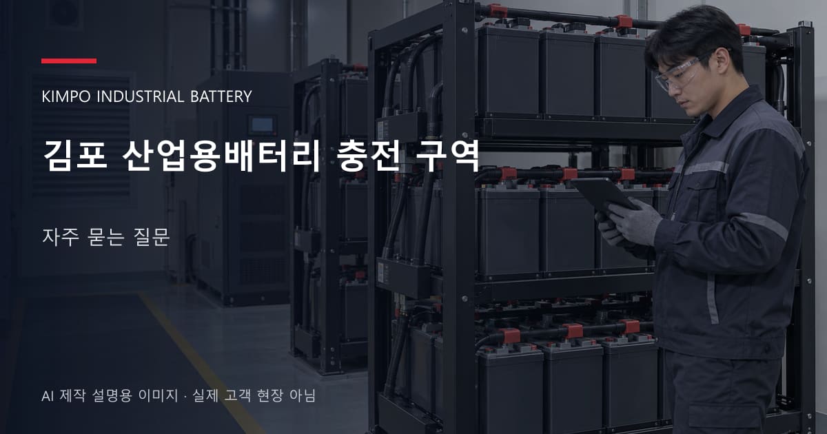 김포 산업용배터리 충전 구역 자주 묻는 질문 안내 표지: 보호안경을 착용하고 배터리 랙 옆에서 점검표를 확인하는 기술자 (AI 제작 설명용 이미지)