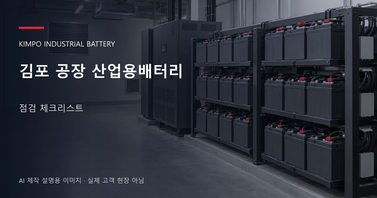 김포 공장 산업용배터리 점검 체크리스트 안내 표지: 밀폐형 산업용배터리 랙과 충전기, 확보된 유지관리 통로 (AI 제작 설명용 이미지)