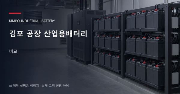 김포 공장 산업용배터리 비교 안내 표지: 밀폐형 산업용배터리 랙과 충전기, 확보된 유지관리 통로 (AI 제작 설명용 이미지)