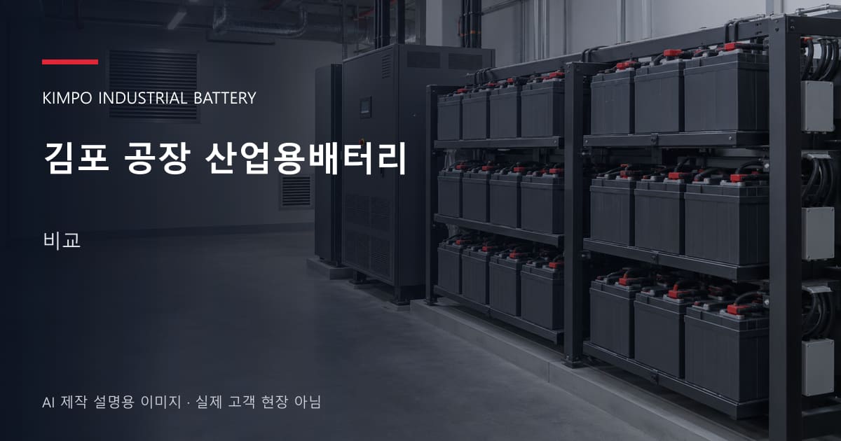 김포 공장 산업용배터리 비교 안내 표지: 밀폐형 산업용배터리 랙과 충전기, 확보된 유지관리 통로 (AI 제작 설명용 이미지)