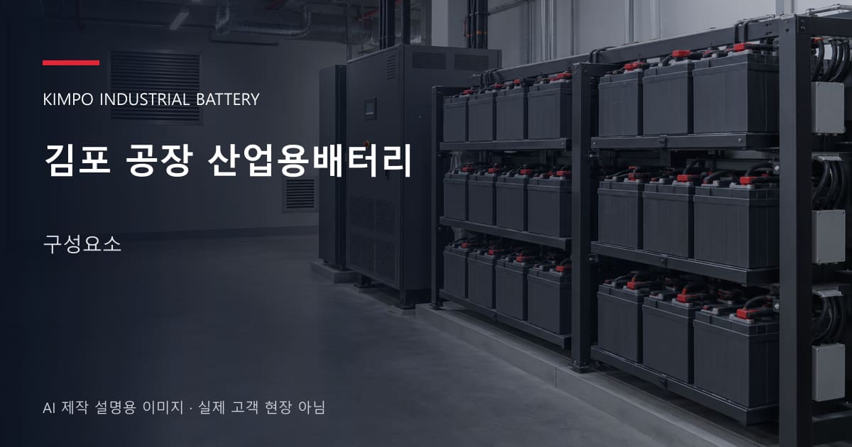 김포 공장 산업용배터리 구성요소 안내 표지: 밀폐형 산업용배터리 랙과 충전기, 확보된 유지관리 통로 (AI 제작 설명용 이미지)