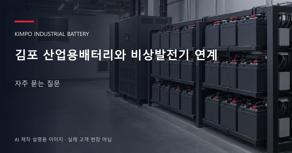 김포 산업용배터리와 비상발전기 연계 자주 묻는 질문 안내 표지: 밀폐형 산업용배터리 랙과 충전기, 확보된 유지관리 통로 (AI 제작 설명용 이미지)