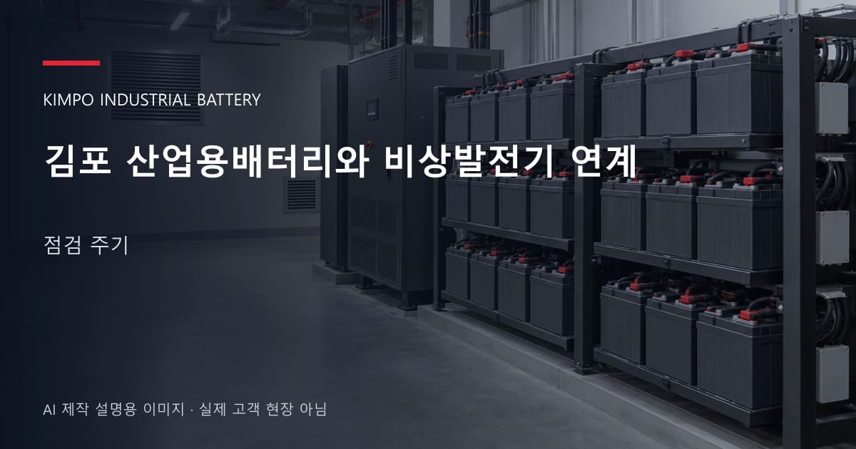 김포 산업용배터리와 비상발전기 연계 점검 주기 안내 표지: 밀폐형 산업용배터리 랙과 충전기, 확보된 유지관리 통로 (AI 제작 설명용 이미지)