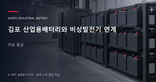 김포 산업용배터리와 비상발전기 연계 이상 증상 안내 표지: 밀폐형 산업용배터리 랙과 충전기, 확보된 유지관리 통로 (AI 제작 설명용 이미지)