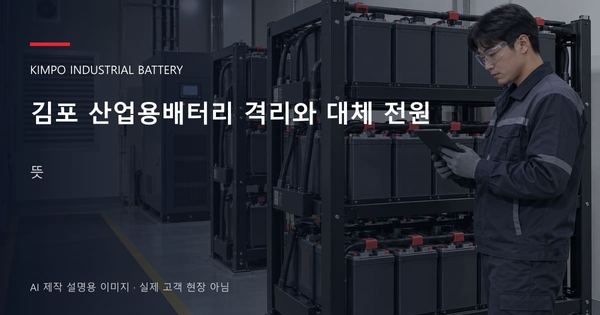 김포 산업용배터리 격리와 대체 전원 뜻 안내 표지: 보호안경을 착용하고 배터리 랙 옆에서 점검표를 확인하는 기술자 (AI 제작 설명용 이미지)