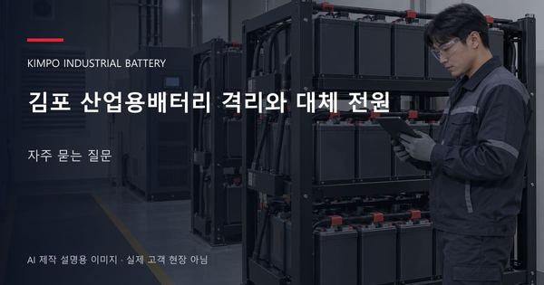 김포 산업용배터리 격리와 대체 전원 자주 묻는 질문 안내 표지: 보호안경을 착용하고 배터리 랙 옆에서 점검표를 확인하는 기술자 (AI 제작 설명용 이미지)