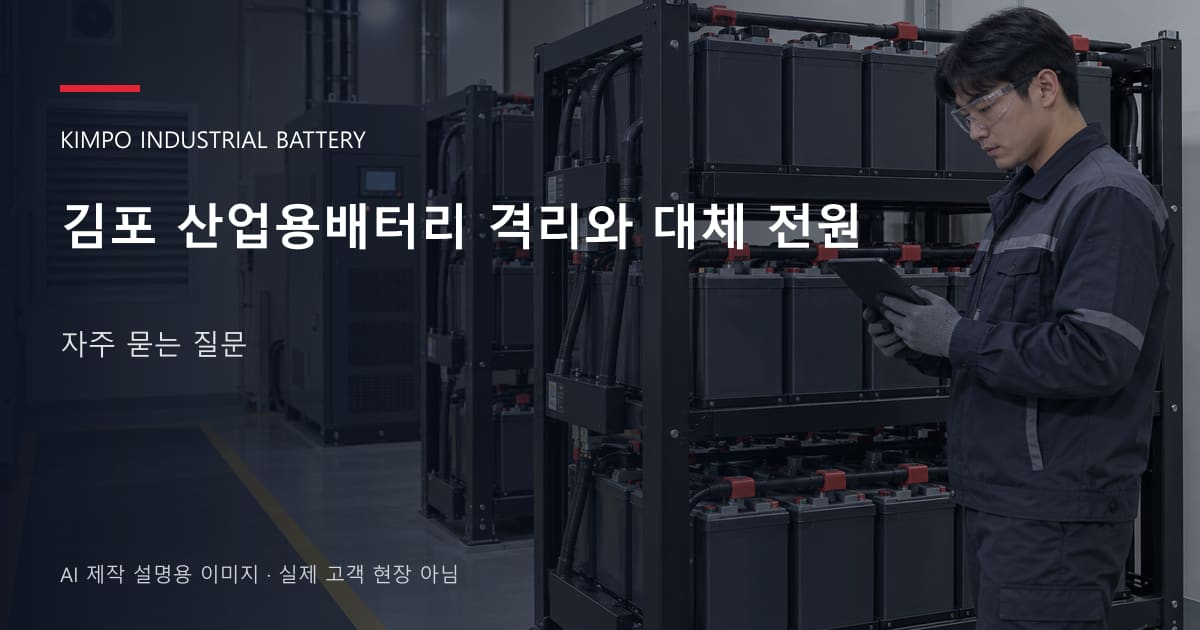 김포 산업용배터리 격리와 대체 전원 자주 묻는 질문 안내 표지: 보호안경을 착용하고 배터리 랙 옆에서 점검표를 확인하는 기술자 (AI 제작 설명용 이미지)