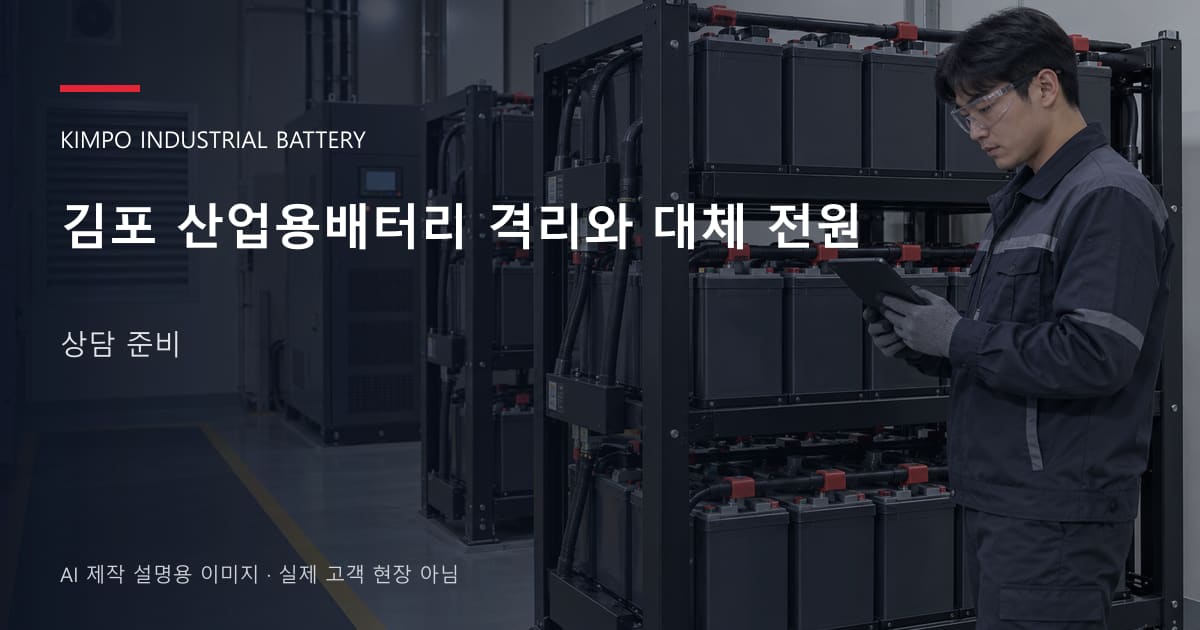 김포 산업용배터리 격리와 대체 전원 상담 준비 안내 표지: 보호안경을 착용하고 배터리 랙 옆에서 점검표를 확인하는 기술자 (AI 제작 설명용 이미지)