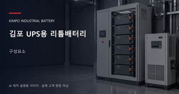 김포 UPS용 리튬배터리 구성요소 안내 표지: UPS용 리튬 모듈 캐비닛과 보호·관리 설비 (AI 제작 설명용 이미지)