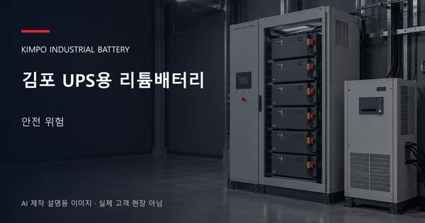 김포 UPS용 리튬배터리 안전 위험 안내 표지: UPS용 리튬 모듈 캐비닛과 보호·관리 설비 (AI 제작 설명용 이미지)