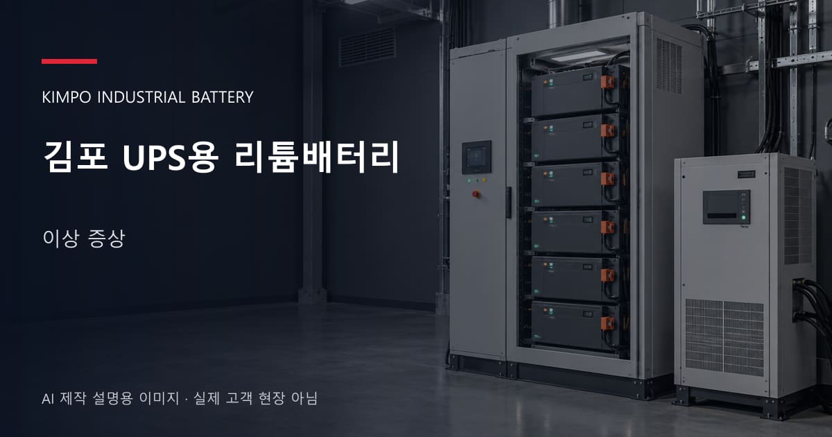 김포 UPS용 리튬배터리 이상 증상 안내 표지: UPS용 리튬 모듈 캐비닛과 보호·관리 설비 (AI 제작 설명용 이미지)