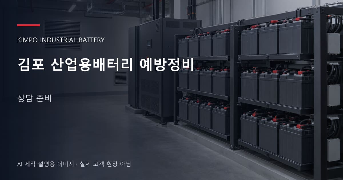 김포 산업용배터리 예방정비 상담 준비 안내 표지: 밀폐형 산업용배터리 랙과 충전기, 확보된 유지관리 통로 (AI 제작 설명용 이미지)
