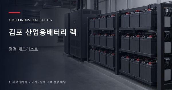 김포 산업용배터리 랙 점검 체크리스트 안내 표지: 밀폐형 산업용배터리 랙과 충전기, 확보된 유지관리 통로 (AI 제작 설명용 이미지)