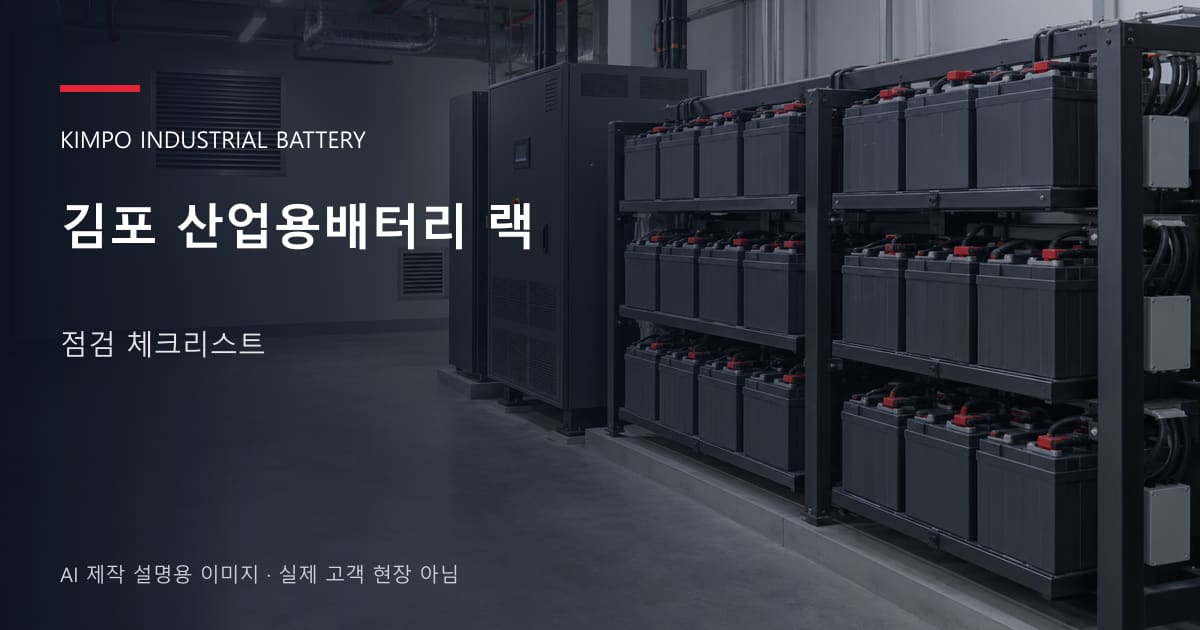 김포 산업용배터리 랙 점검 체크리스트 안내 표지: 밀폐형 산업용배터리 랙과 충전기, 확보된 유지관리 통로 (AI 제작 설명용 이미지)