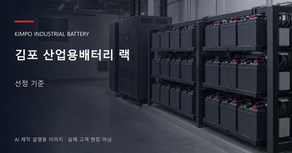 김포 산업용배터리 랙 선정 기준 안내 표지: 밀폐형 산업용배터리 랙과 충전기, 확보된 유지관리 통로 (AI 제작 설명용 이미지)