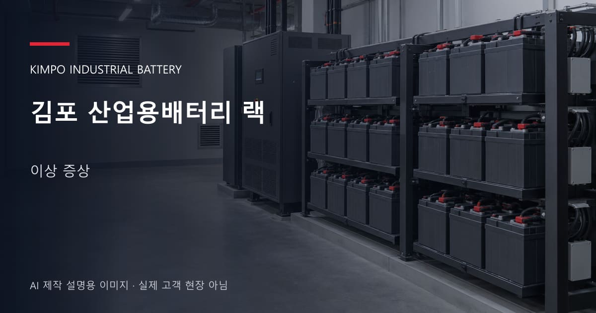 김포 산업용배터리 랙 이상 증상 안내 표지: 밀폐형 산업용배터리 랙과 충전기, 확보된 유지관리 통로 (AI 제작 설명용 이미지)