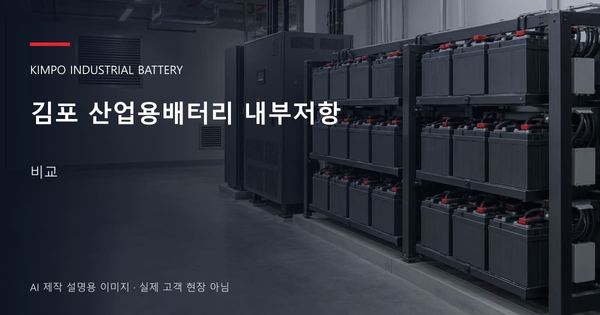 김포 산업용배터리 내부저항 비교 안내 표지: 밀폐형 산업용배터리 랙과 충전기, 확보된 유지관리 통로 (AI 제작 설명용 이미지)